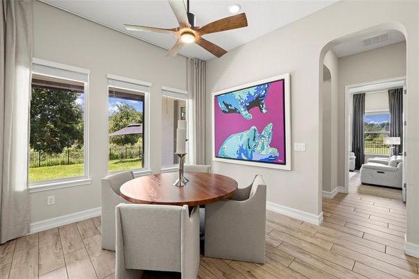 Dining room, Interior, Recessed Lighting, Wood Texture Flooring