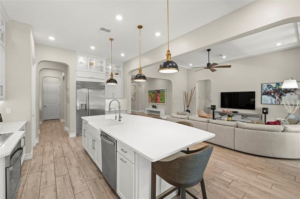 Interior, Kitchen, Living room, Pendant Lights, Recessed Lighting, Stainless Steel Appliances, Wood Texture Flooring
