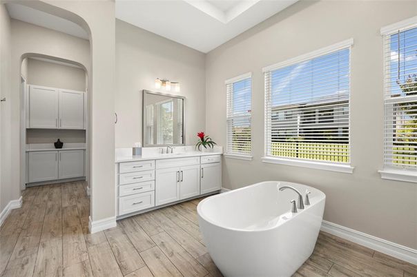 Bathroom, Dual Sink Vanities, Free Standing Baths, Interior, Wood Texture Flooring