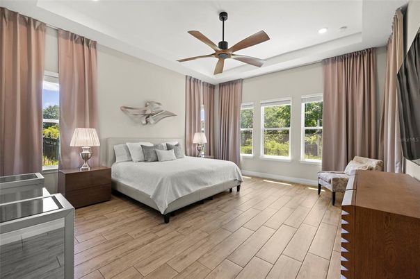 Bedroom, Interior, Recessed Lighting, Wood Texture Flooring