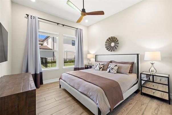 Bedroom, Interior, Recessed Lighting, Wood Texture Flooring