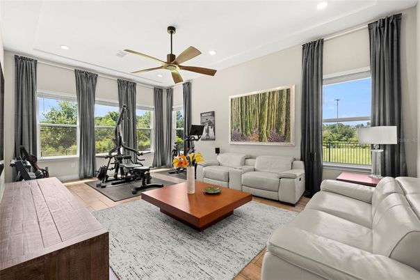 Fitness Equipment, Interior, Living room, Recessed Lighting, Water, Wood Texture Flooring