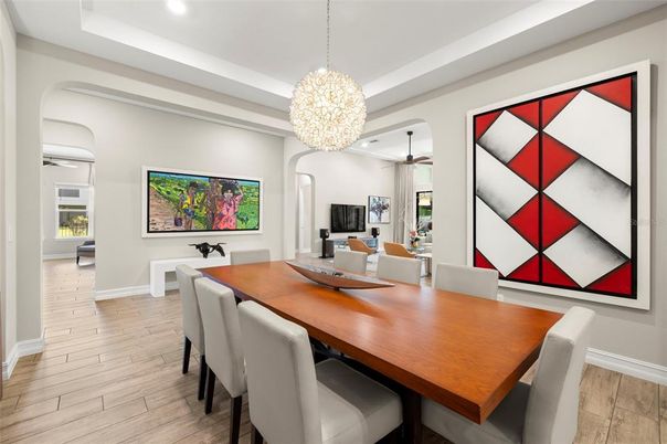 Chandelier, Dining room, Interior, Living room, Recessed Lighting, Wood Texture Flooring