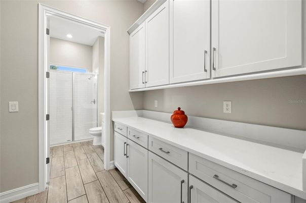 Bathroom, Glass Shower, Interior, Recessed Lighting, Wood Texture Flooring