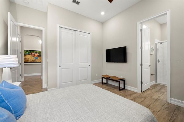 Bedroom, Interior, Recessed Lighting, Wood Texture Flooring