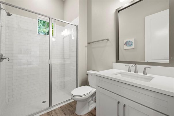 Bathroom, Glass Shower, Interior, Wood Texture Flooring
