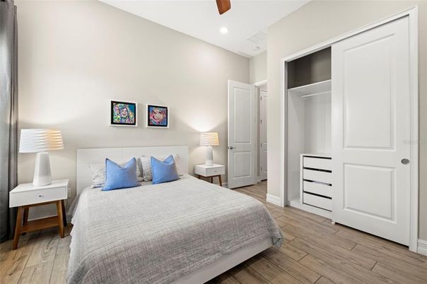 Bedroom, Interior, Recessed Lighting, Wood Texture Flooring