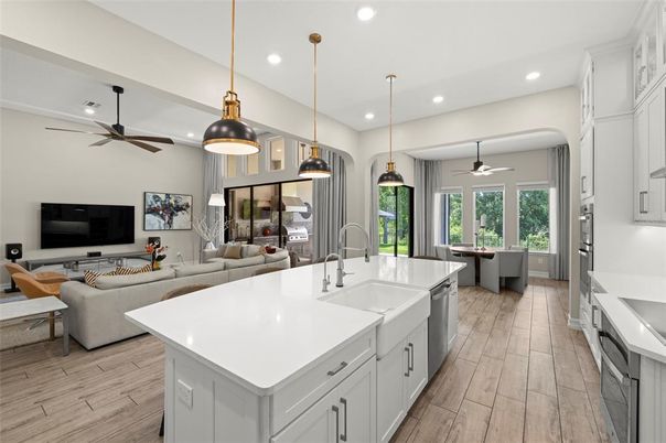 Dining room, Interior, Kitchen, Living room, Pendant Lights, Recessed Lighting, Wood Texture Flooring