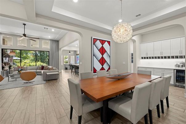 Chandelier, Dining room, Interior, Living room, Pendant Lights, Recessed Lighting, Wood Texture Flooring