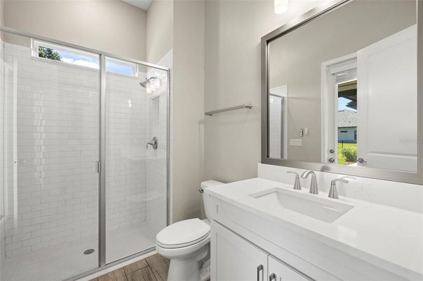 Bathroom, Glass Shower, Interior, Wood Texture Flooring