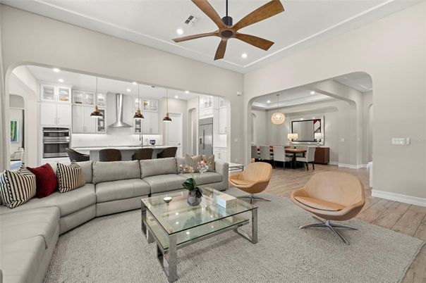 Dining room, Interior, Kitchen, Living room, Pendant Lights, Recessed Lighting, Stainless Steel Appliances, Wood Texture Flooring