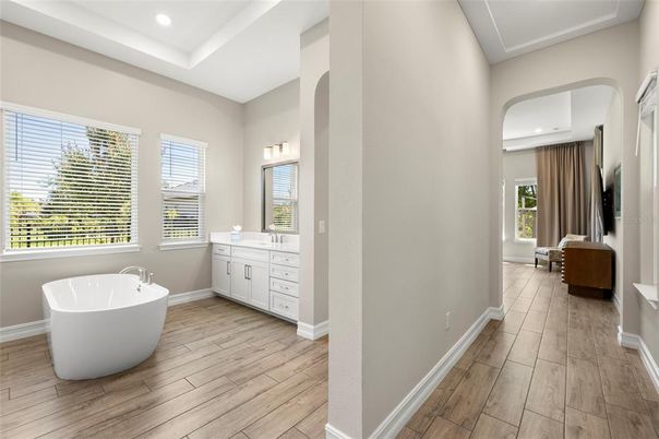 Bathroom, Free Standing Baths, Interior, Recessed Lighting, Wood Texture Flooring
