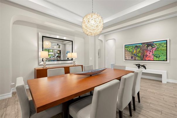 Chandelier, Dining room, Interior, Wood Texture Flooring