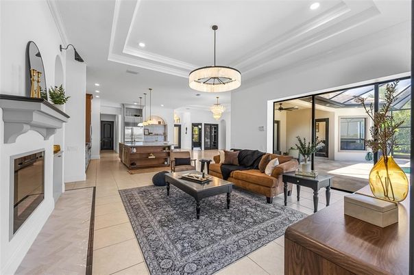 Fireplace, Interior, Kitchen, Living room, Pendant Lights, Recessed Lighting