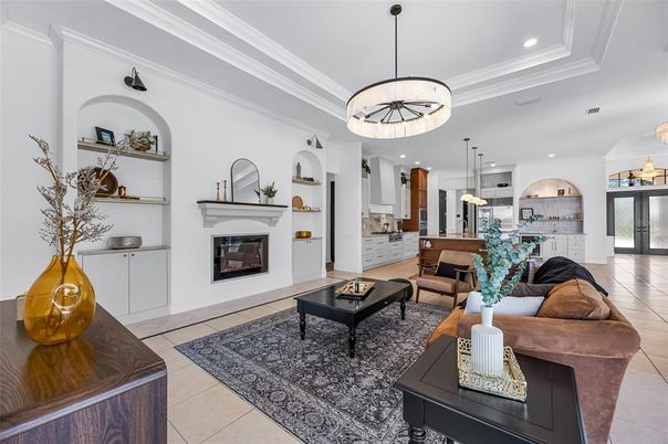 Fireplace, Interior, Kitchen, Living room, Pendant Lights, Recessed Lighting