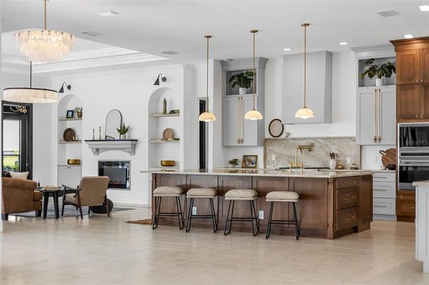 Fireplace, Interior, Kitchen, Pendant Lights, Recessed Lighting