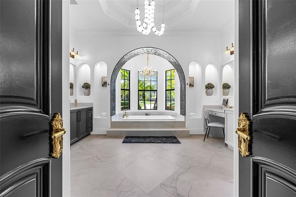 Bathroom, Chandelier, Interior, Marble, Pendant Lights