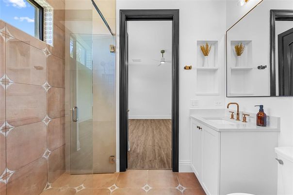 Bathroom, Glass Shower, Interior, Wood Texture Flooring
