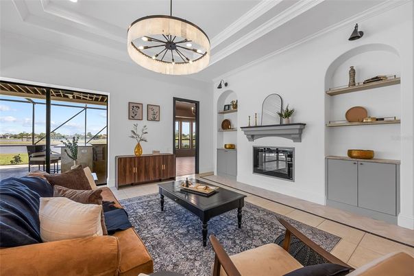 Fireplace, Interior, Living room, Pendant Lights, Water
