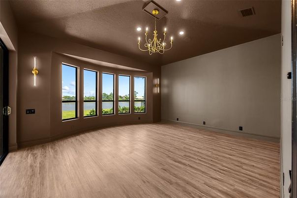 Chandelier, Empty room, Interior, Recessed Lighting, Wood Texture Flooring
