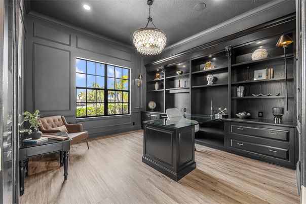 Chandelier, Home Office, Interior, Recessed Lighting, Wood Texture Flooring