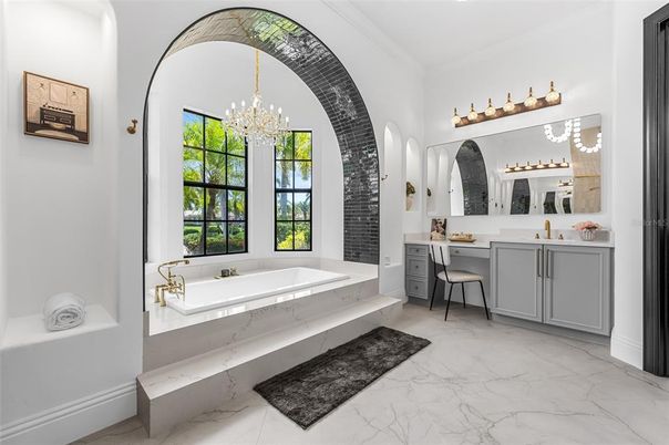 Bathroom, Chandelier, Interior, Marble, Pendant Lights