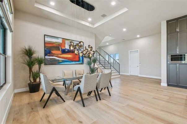 Dining room, Interior, Pendant Lights, Recessed Lighting, Wood Texture Flooring
