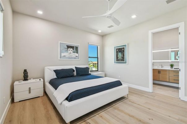 Bedroom, Interior, Recessed Lighting, Wood Texture Flooring