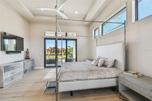 Bedroom, Interior, Pendant Lights, Recessed Lighting, Wood Texture Flooring