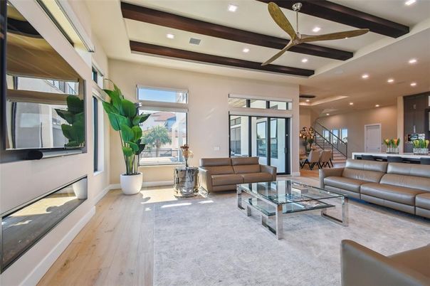 Fireplace, Interior, Living room, Recessed Lighting, Wooden Beams, Wood Texture Flooring