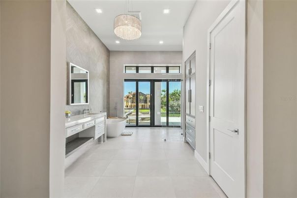 Bathroom, Chandelier, Dual Sink Vanities, Interior, Recessed Lighting