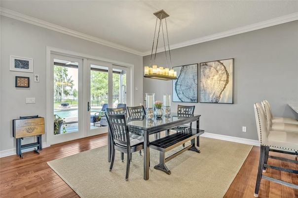 Chandelier, Dining room, Interior, Pendant Lights, Wood Texture Flooring