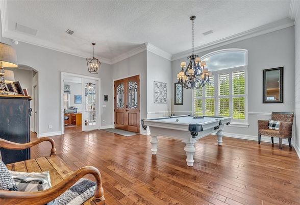 Billiard Table, Chandelier, Game Room, Interior, Pendant Lights, Wood Texture Flooring