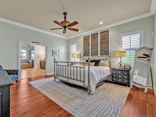 Bedroom, Interior, Recessed Lighting, Wood Texture Flooring
