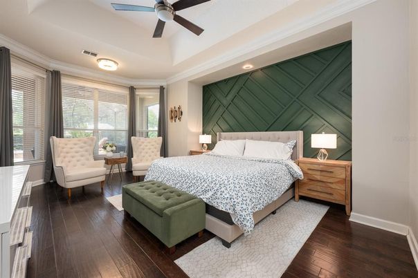 Bedroom, Interior, Recessed Lighting, Wood Texture Flooring