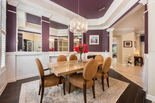 Chandelier, Dining room, Interior, Wood Texture Flooring
