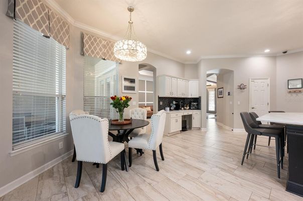Dining room, Interior, Kitchen, Pendant Lights, Recessed Lighting, Wood Texture Flooring
