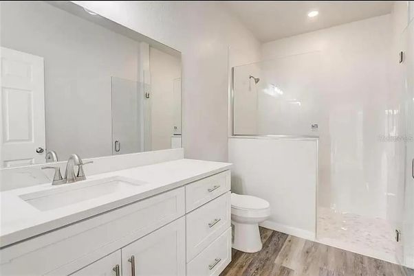 Bathroom, Interior, Recessed Lighting, Wood Texture Flooring