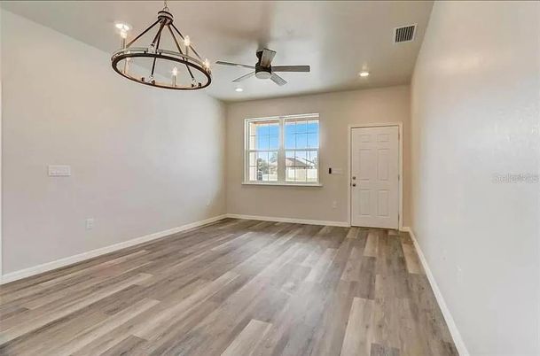 Chandelier, Empty room, Interior, Recessed Lighting, Wood Texture Flooring