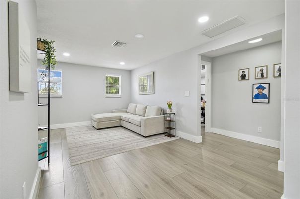 Interior, Living room, Recessed Lighting, Wood Texture Flooring