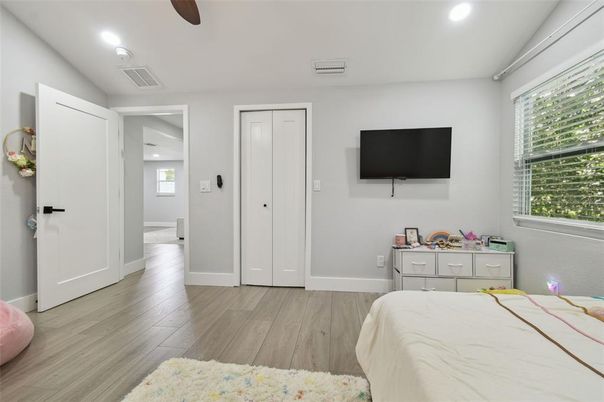 Bedroom, Interior, Recessed Lighting, Wood Texture Flooring