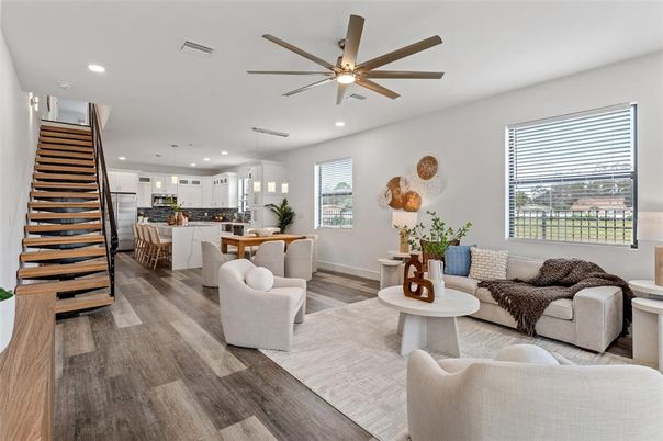 Dining room, Interior, Kitchen, Living room, Pendant Lights, Recessed Lighting, Stainless Steel Appliances, Wood Texture Flooring