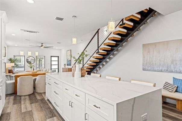 Dining room, Interior, Pendant Lights, Recessed Lighting, Wood Texture Flooring