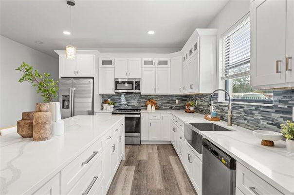 Interior, Kitchen, Pendant Lights, Recessed Lighting, Stainless Steel Appliances, Wood Texture Flooring