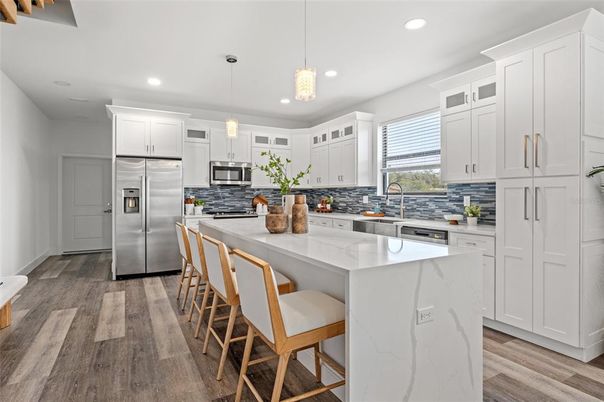 Interior, Kitchen, Pendant Lights, Recessed Lighting, Stainless Steel Appliances, Wood Texture Flooring