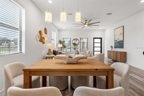 Dining room, Interior, Living room, Pendant Lights, Recessed Lighting, Wood Texture Flooring