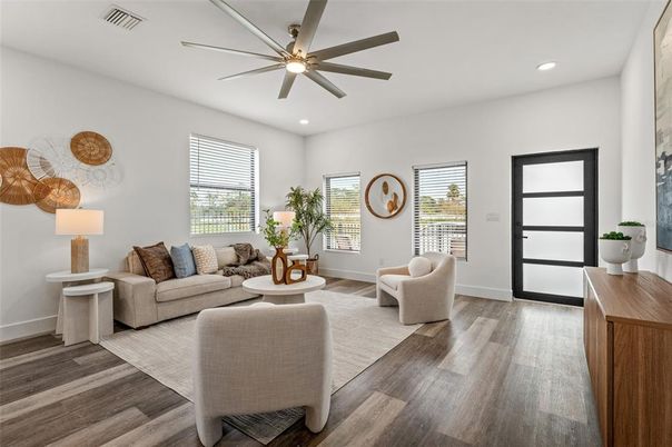 Interior, Living room, Recessed Lighting, Wood Texture Flooring
