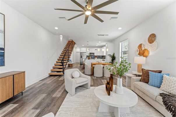 Dining room, Interior, Kitchen, Living room, Pendant Lights, Recessed Lighting, Stainless Steel Appliances, Wood Texture Flooring