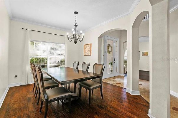 Chandelier, Dining room, Interior, Wood Texture Flooring