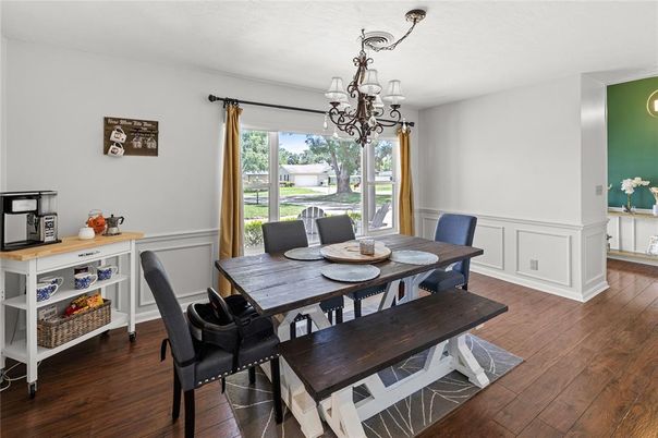 Chandelier, Dining room, Interior, Wood Texture Flooring